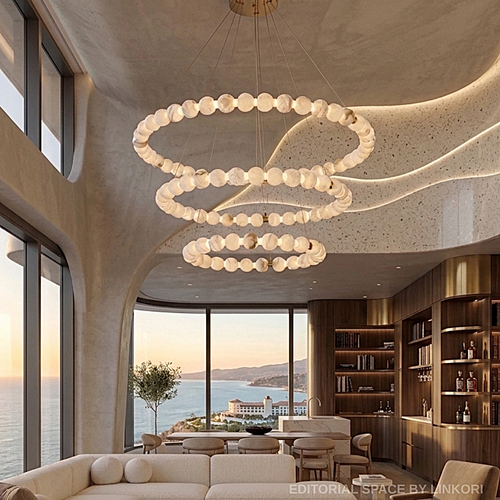 3-tier alabaster globe ring chandelier in a sculptural high-ceiling living room with ocean views - L&B