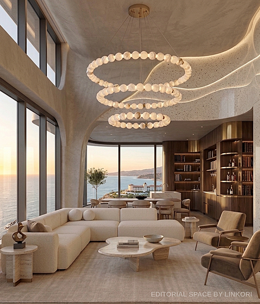 Sculptural alabaster ring chandelier in a high-ceiling open-concept living room - L&B