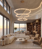 Sculptural alabaster ring chandelier in a high-ceiling open-concept living room - L&B