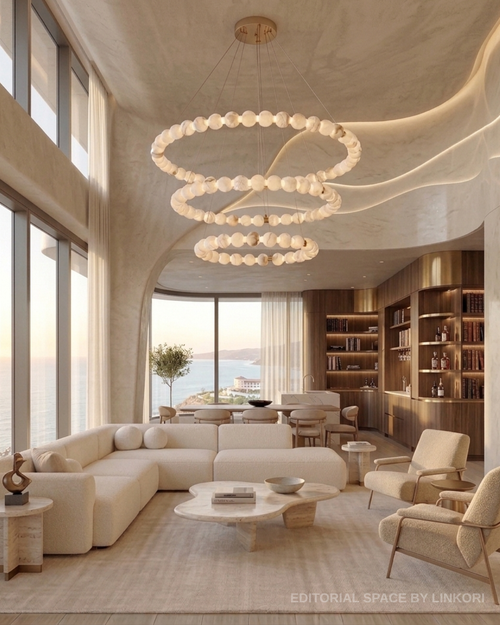 Large 3-tier alabaster chandelier in a double-height organic modern living room - L&B