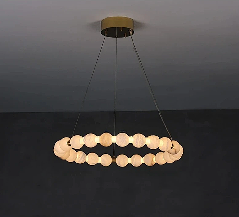 Modern alabaster orb ring chandelier with a gold canopy for dining room - L&B