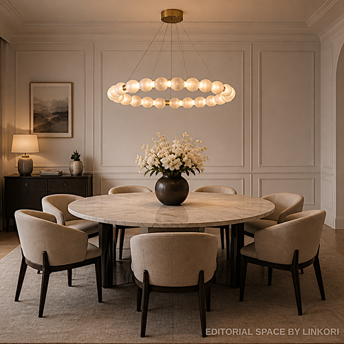 Alabaster orb ring chandelier above a round dining table in a quiet luxury dining room - L&B