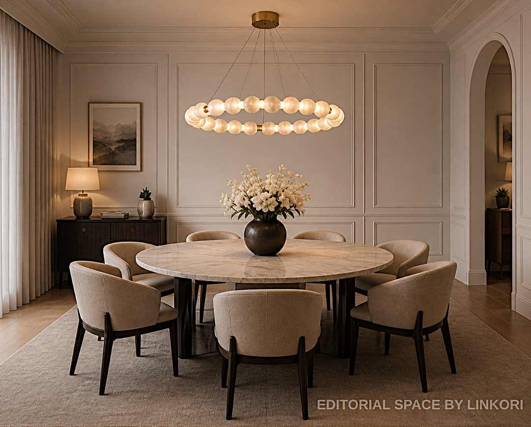 Alabaster ring chandelier above a round dining table in a warm contemporary dining room - L&B