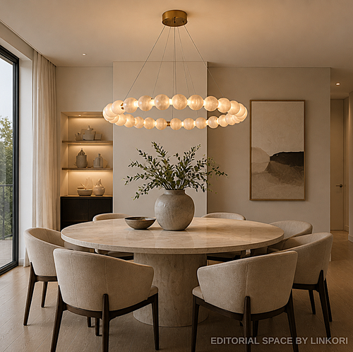 Modern alabaster dining room chandelier over a round stone table in an organic modern interior - L&B