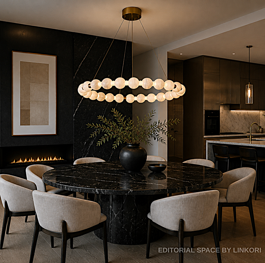 Contemporary alabaster ring chandelier in a dark wood dining room with a round table - L&B