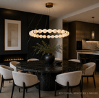 Contemporary alabaster ring chandelier in a dark wood dining room with a round table - L&B