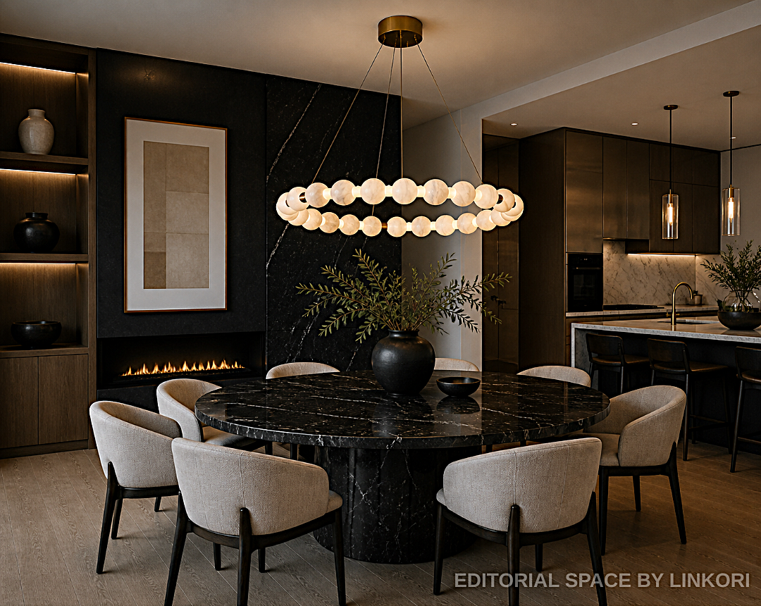 Alabaster orb ring chandelier above a black round table in a moody luxury dining room - L&B