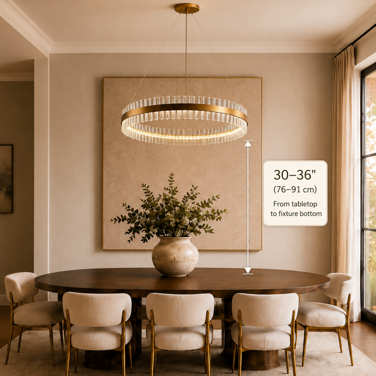 Dining room chandelier hanging height guide showing 30–36 inches above the tabletop for proper dining table lighting placement – L&B