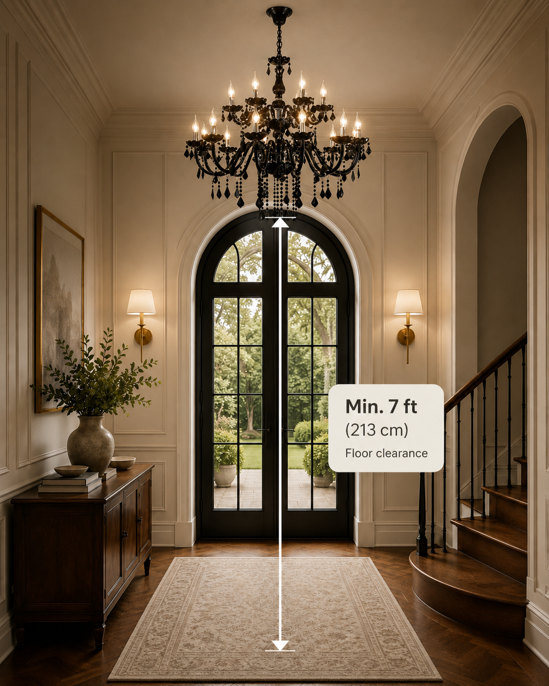 Entryway chandelier clearance guide showing a minimum 7-foot floor clearance for safe foyer and high-ceiling chandelier placement – L&B