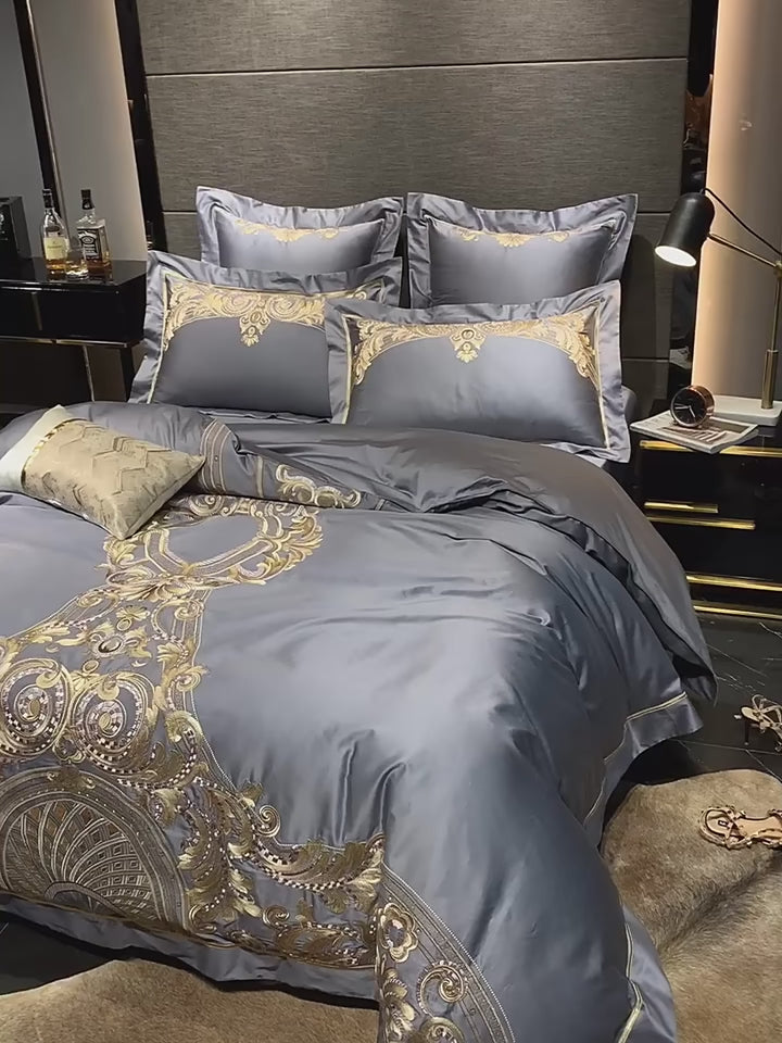 Charcoal gray and antique gold Baroque embroidered bedding set, followed by close-up views of the ornate embroidery – L&B ZUTAPERA GREY